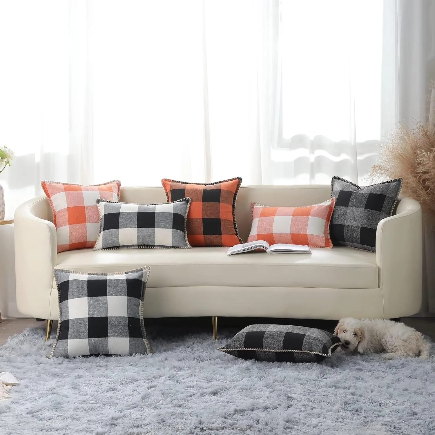 decorUhome Buffalo Plaid Check Throw Pillow Covers 22x22 Set of 2, Outdoor Decorative Farmhouse Neutral Pillow Covers with Stitched Edge for Bed Couch Sofa, Black and White