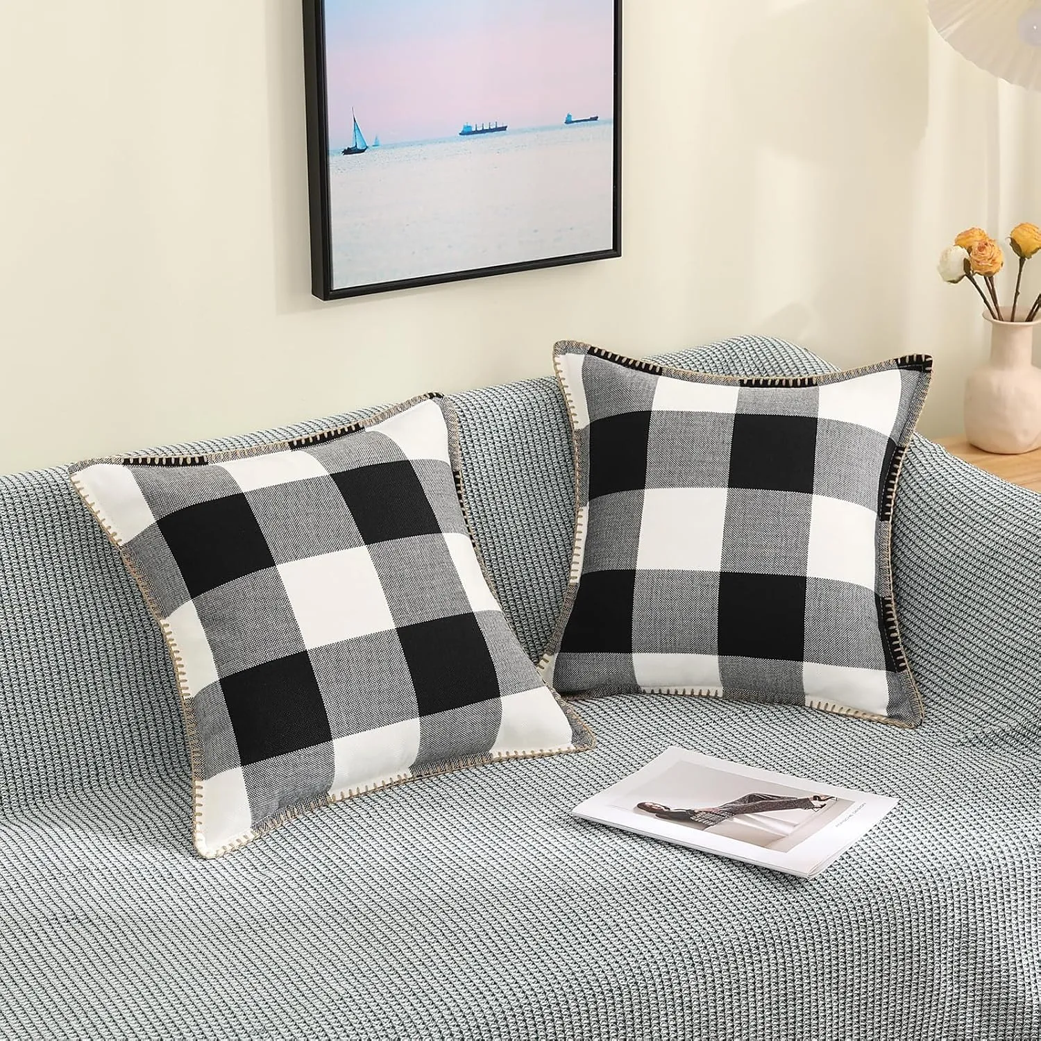decorUhome Buffalo Plaid Check Throw Pillow Covers 22x22 Set of 2, Outdoor Decorative Farmhouse Neutral Pillow Covers with Stitched Edge for Bed Couch Sofa, Black and White