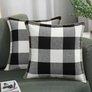 decorUhome Buffalo Plaid Check Throw Pillow Covers 22x22 Set of 2, Outdoor Decorative Farmhouse Neutral Pillow Covers with Stitched Edge for Bed Couch Sofa, Black and White