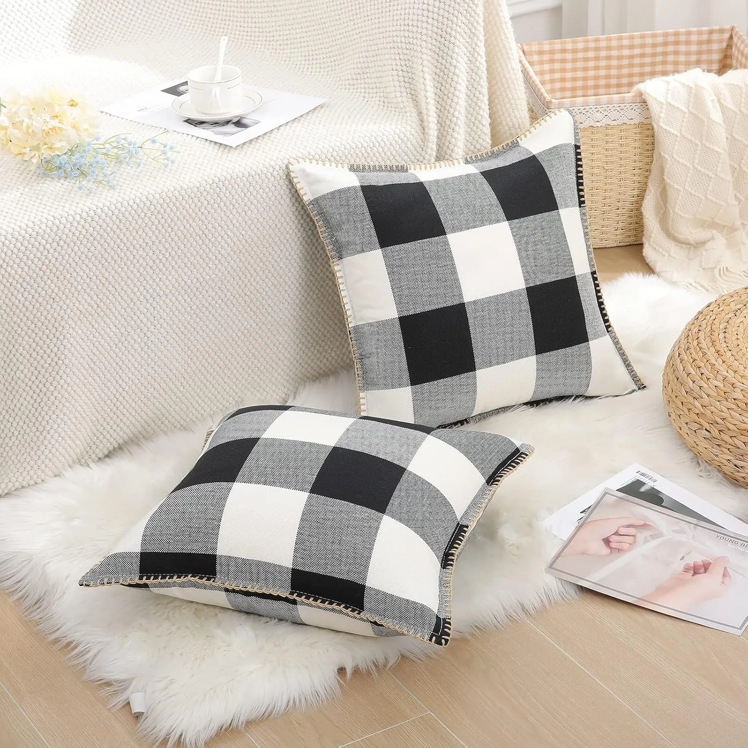 decorUhome Buffalo Plaid Check Throw Pillow Covers 22x22 Set of 2, Outdoor Decorative Farmhouse Neutral Pillow Covers with Stitched Edge for Bed Couch Sofa, Black and White