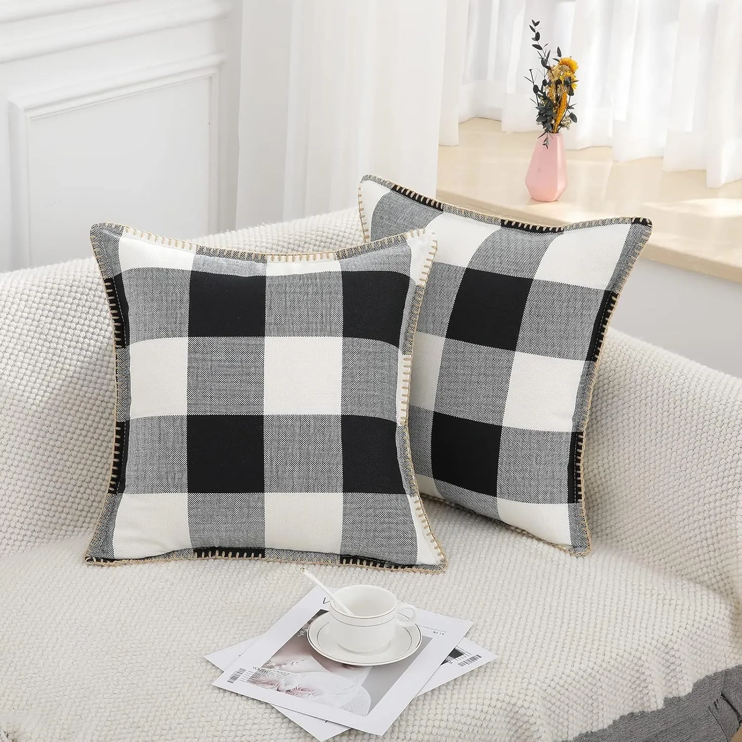 decorUhome Buffalo Plaid Check Throw Pillow Covers 22x22 Set of 2, Outdoor Decorative Farmhouse Neutral Pillow Covers with Stitched Edge for Bed Couch Sofa, Black and White