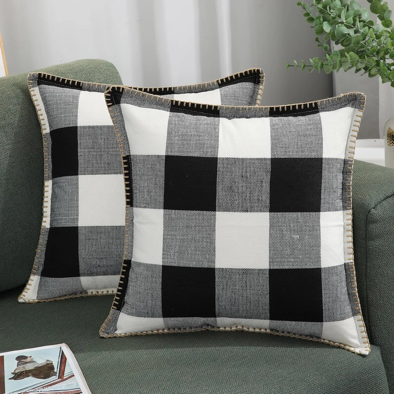 decorUhome Buffalo Plaid Check Throw Pillow Covers 22x22 Set of 2, Outdoor Decorative Farmhouse Neutral Pillow Covers with Stitched Edge for Bed Couch Sofa, Black and White