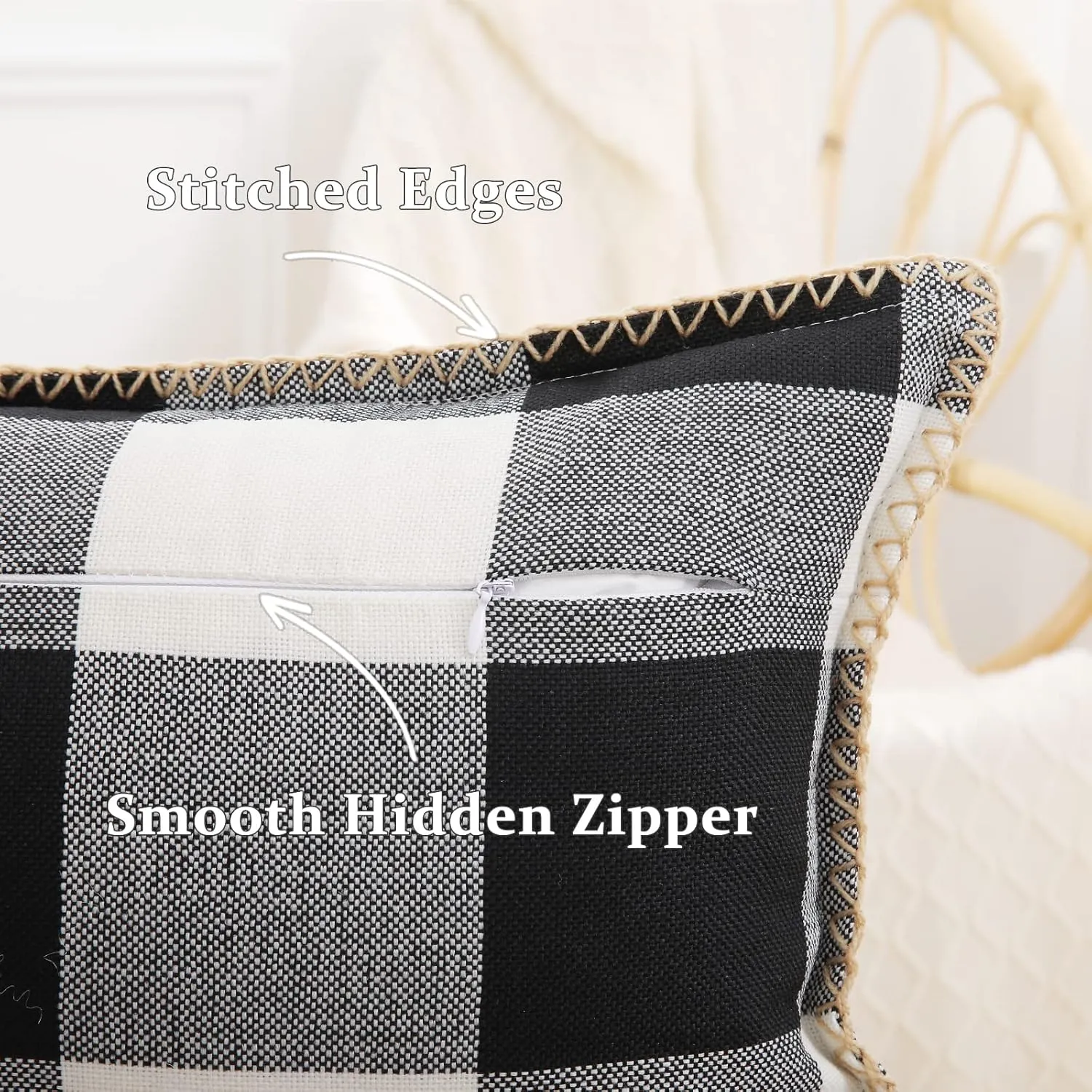 decorUhome Buffalo Plaid Check Throw Pillow Covers 22x22 Set of 2, Outdoor Decorative Farmhouse Neutral Pillow Covers with Stitched Edge for Bed Couch Sofa, Black and White