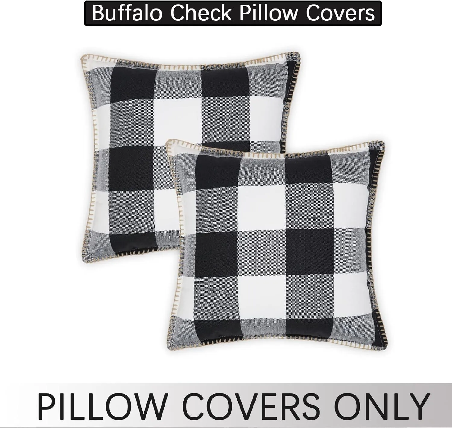 decorUhome Buffalo Plaid Check Throw Pillow Covers 22x22 Set of 2, Outdoor Decorative Farmhouse Neutral Pillow Covers with Stitched Edge for Bed Couch Sofa, Black and White