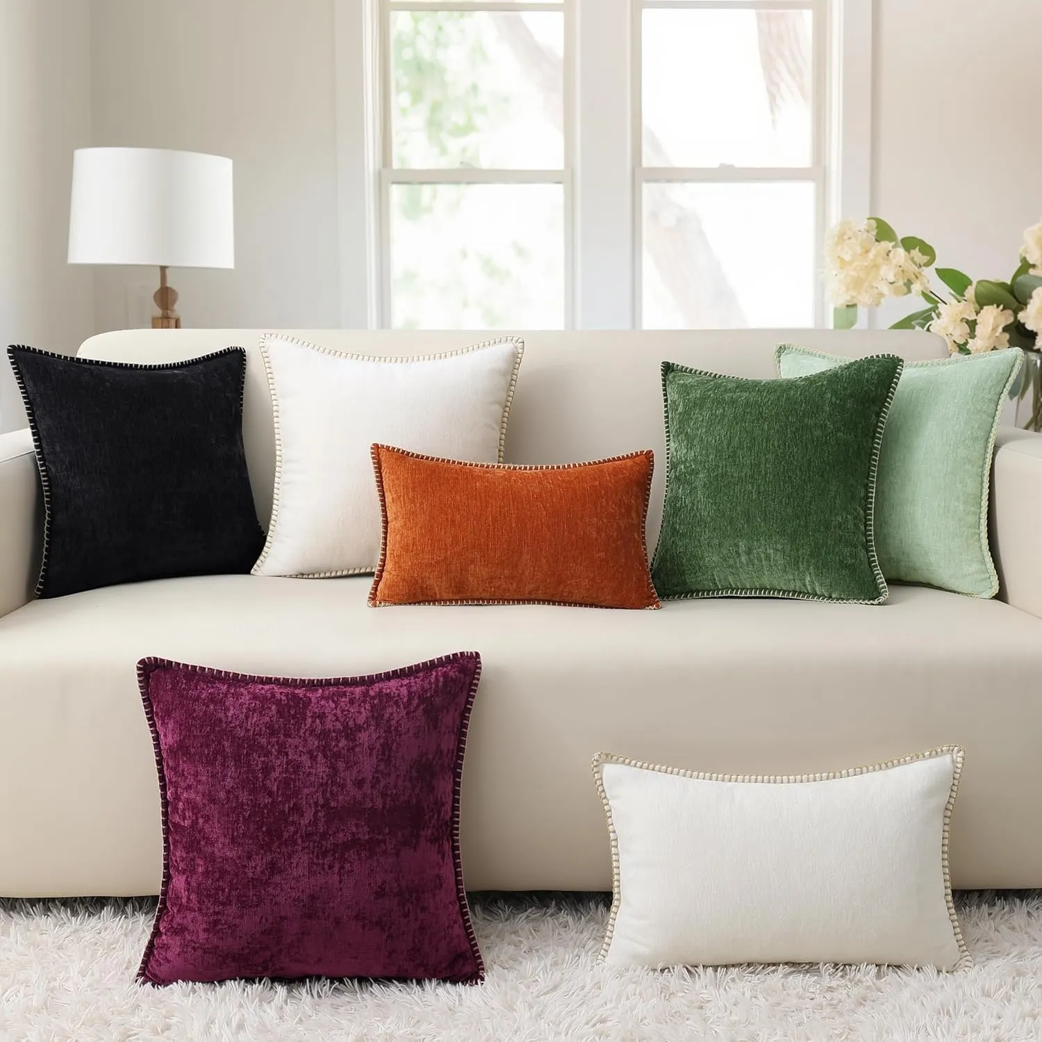decorUhome Chenille Soft Throw Pillow Covers 12x20 Set of 2, Lumbar Velvet Farmhouse Neutral Decorative Pillow Covers with Stitched Edge for Couch Sofa Bed Home Decor, Black