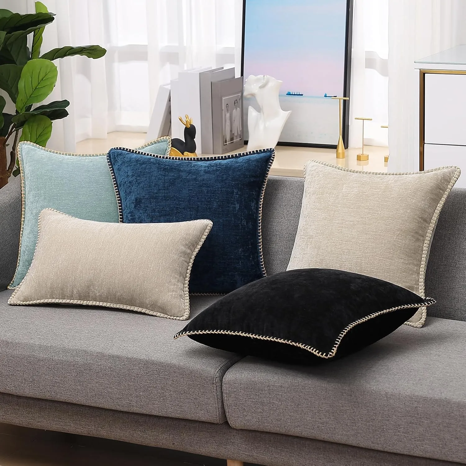 decorUhome Chenille Soft Throw Pillow Covers 12x20 Set of 2, Lumbar Velvet Farmhouse Neutral Decorative Pillow Covers with Stitched Edge for Couch Sofa Bed Home Decor, Black
