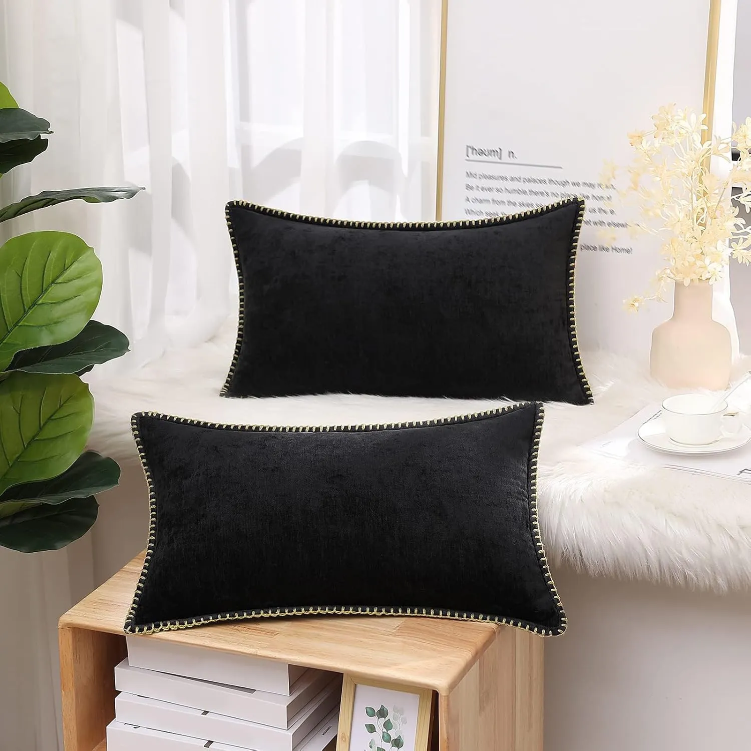 decorUhome Chenille Soft Throw Pillow Covers 12x20 Set of 2, Lumbar Velvet Farmhouse Neutral Decorative Pillow Covers with Stitched Edge for Couch Sofa Bed Home Decor, Black