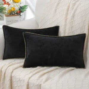 decorUhome Chenille Soft Throw Pillow Covers 12x20 Set of 2, Lumbar Velvet Farmhouse Neutral Decorative Pillow Covers with Stitched Edge for Couch Sofa Bed Home Decor, Black