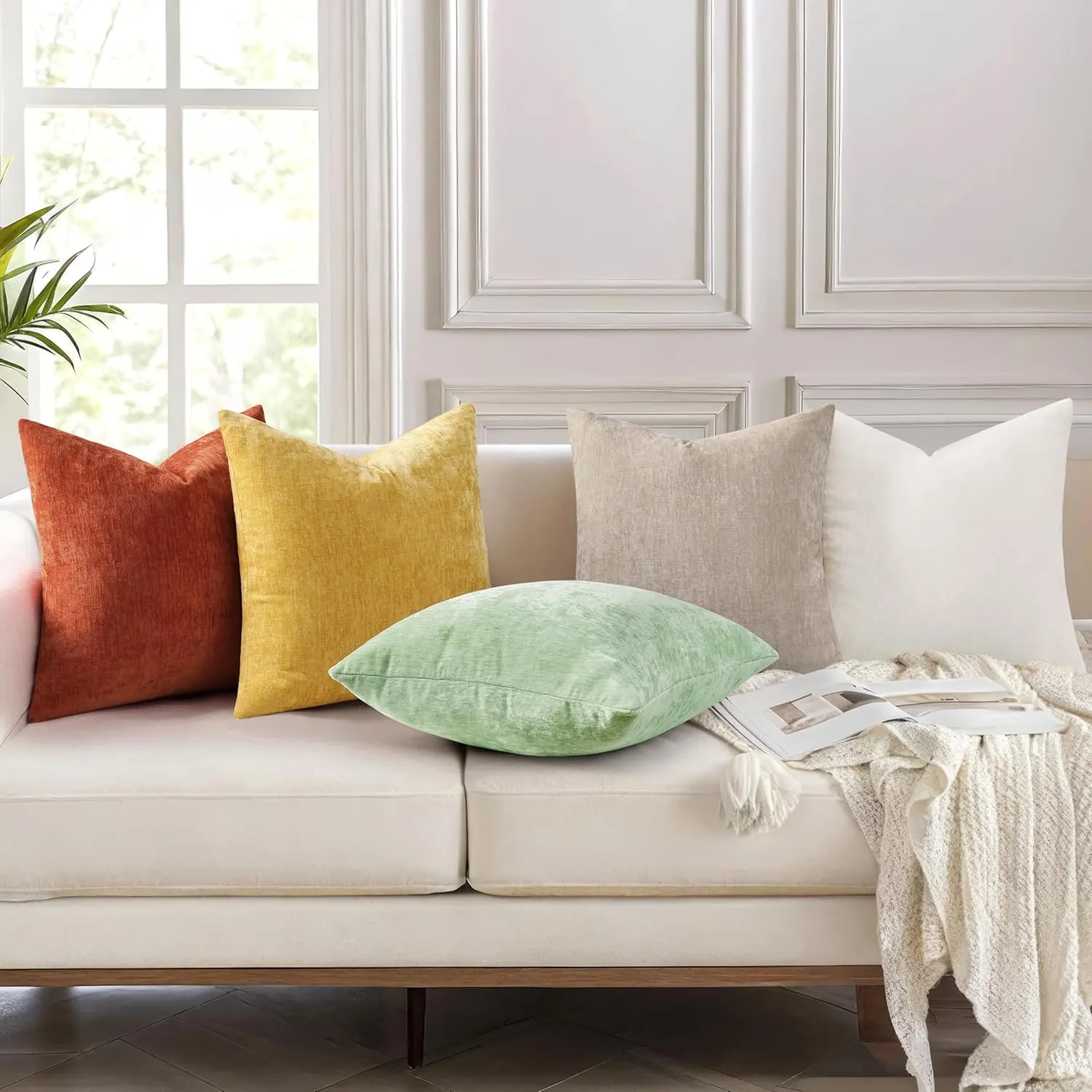 decorUhome Couch Throw Pillow Covers 24X24 Set of 2, Decorative Soft Neutral Chenille Solid Dyed Square Pillow Covers for Sofa Bed Living Room, Mineral Yellow