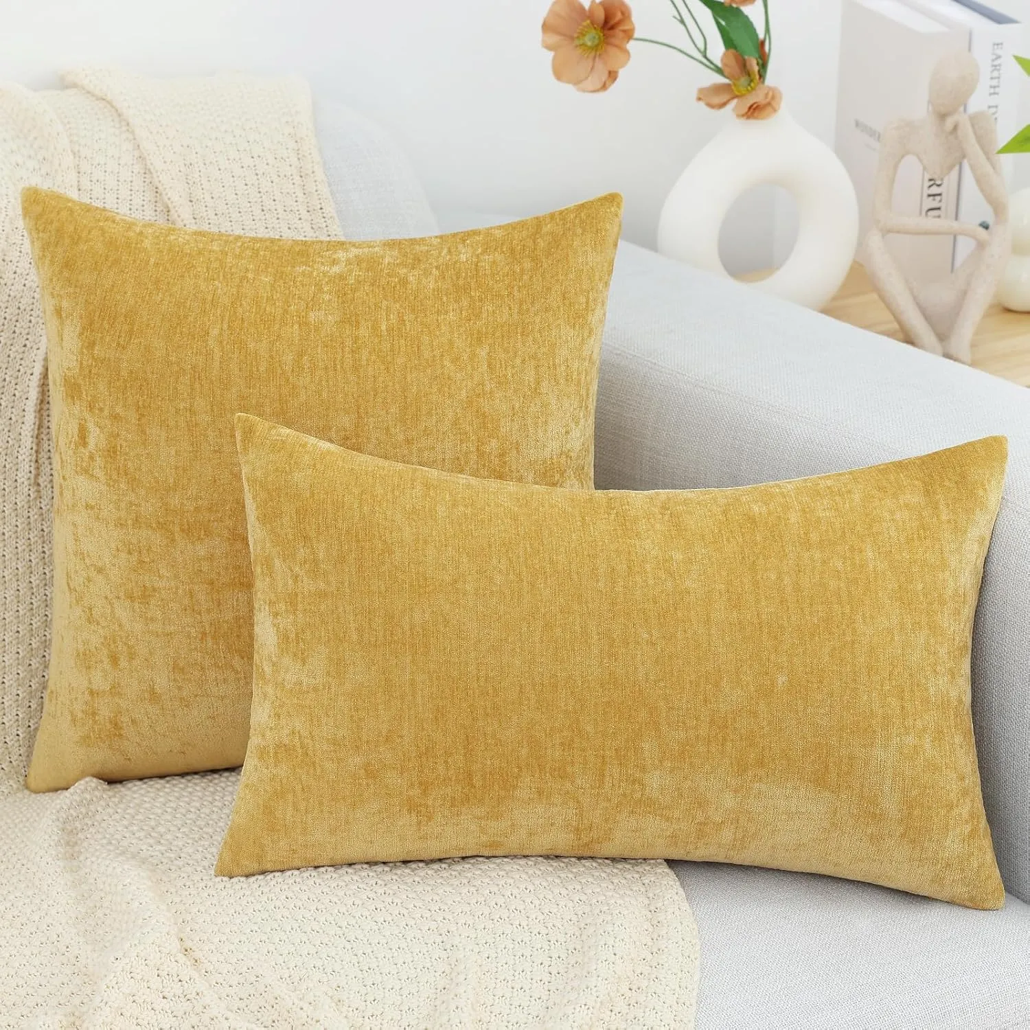 decorUhome Couch Throw Pillow Covers 24X24 Set of 2, Decorative Soft Neutral Chenille Solid Dyed Square Pillow Covers for Sofa Bed Living Room, Mineral Yellow