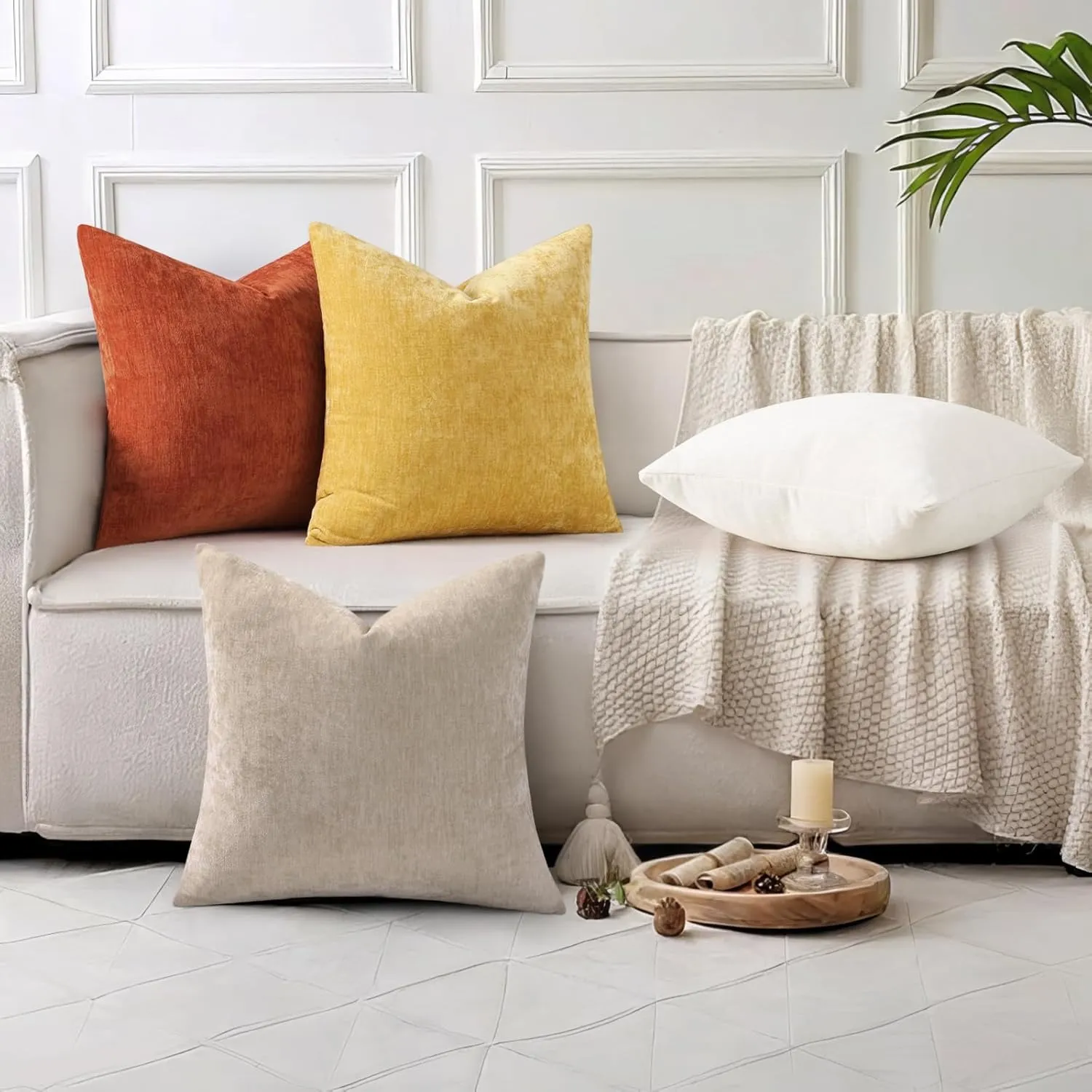decorUhome Couch Throw Pillow Covers 24X24 Set of 2, Decorative Soft Neutral Chenille Solid Dyed Square Pillow Covers for Sofa Bed Living Room, Mineral Yellow