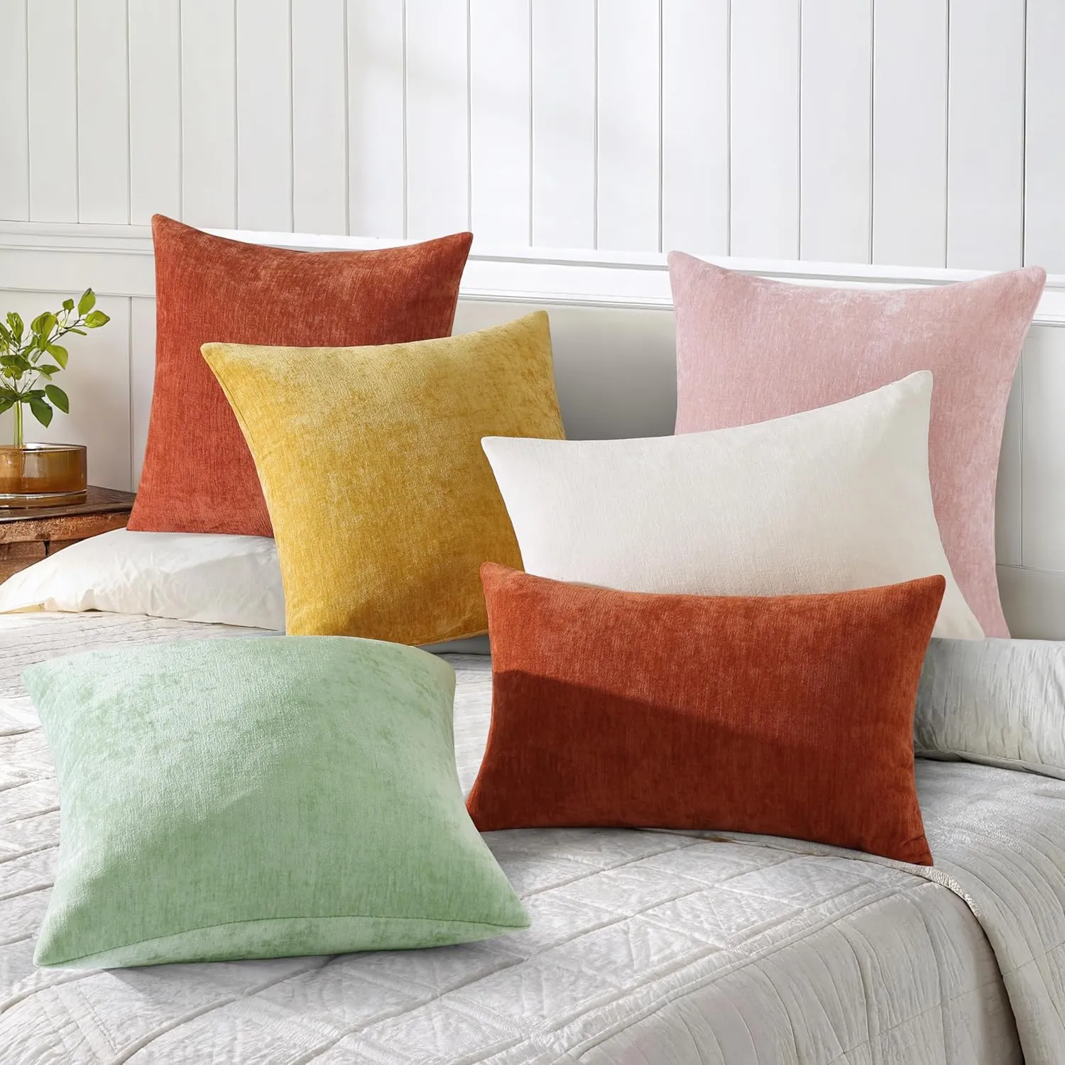 decorUhome Couch Throw Pillow Covers 24X24 Set of 2, Decorative Soft Neutral Chenille Solid Dyed Square Pillow Covers for Sofa Bed Living Room, Mineral Yellow