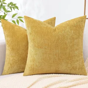 decorUhome Couch Throw Pillow Covers 24X24 Set of 2, Decorative Soft Neutral Chenille Solid Dyed Square Pillow Covers for Sofa Bed Living Room, Mineral Yellow
