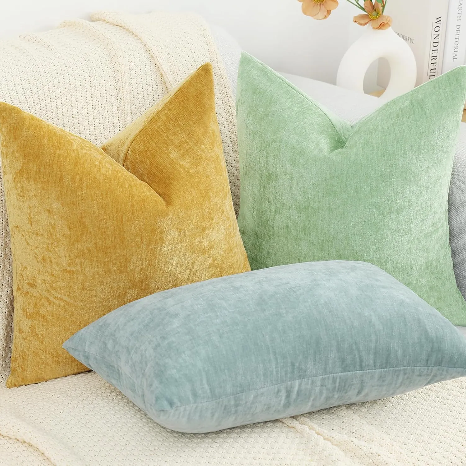 decorUhome Couch Throw Pillow Covers 24X24 Set of 2, Decorative Soft Neutral Chenille Solid Dyed Square Pillow Covers for Sofa Bed Living Room, Mineral Yellow