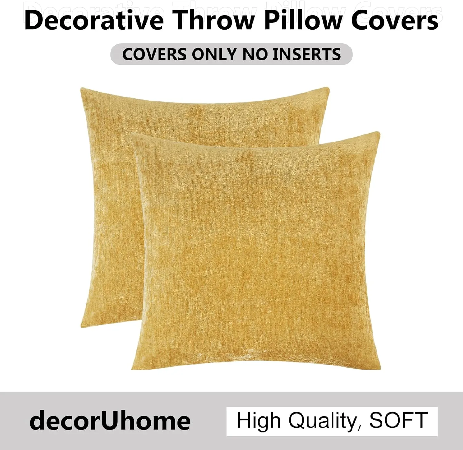 decorUhome Couch Throw Pillow Covers 24X24 Set of 2, Decorative Soft Neutral Chenille Solid Dyed Square Pillow Covers for Sofa Bed Living Room, Mineral Yellow