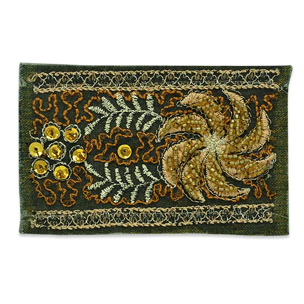 Denim Gold Ribbon Fashion Applique/Patch 4" x 2 1/2"    - Multi Colors