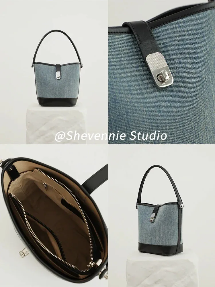 Denim Leather Bucket Bag