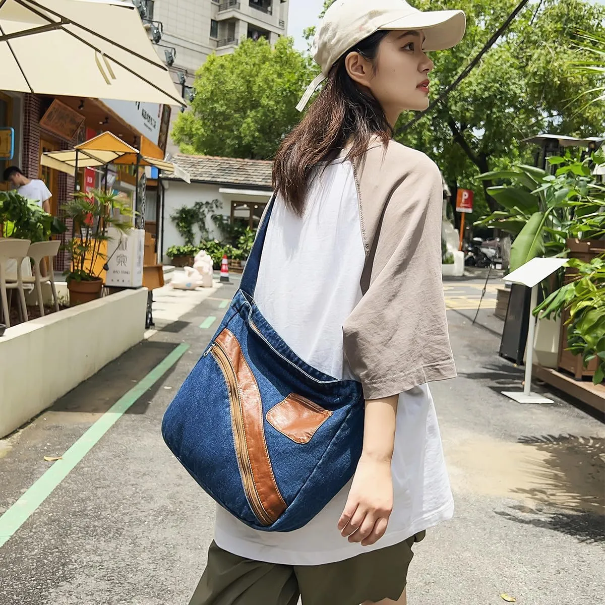 Denim Purse for Women Men Tote Bag with Zipper Crossbody Blue Jean Purses Canvas Shoulder Bag Hobo Handbag