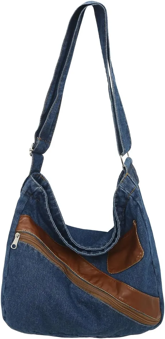 Denim Purse for Women Men Tote Bag with Zipper Crossbody Blue Jean Purses Canvas Shoulder Bag Hobo Handbag