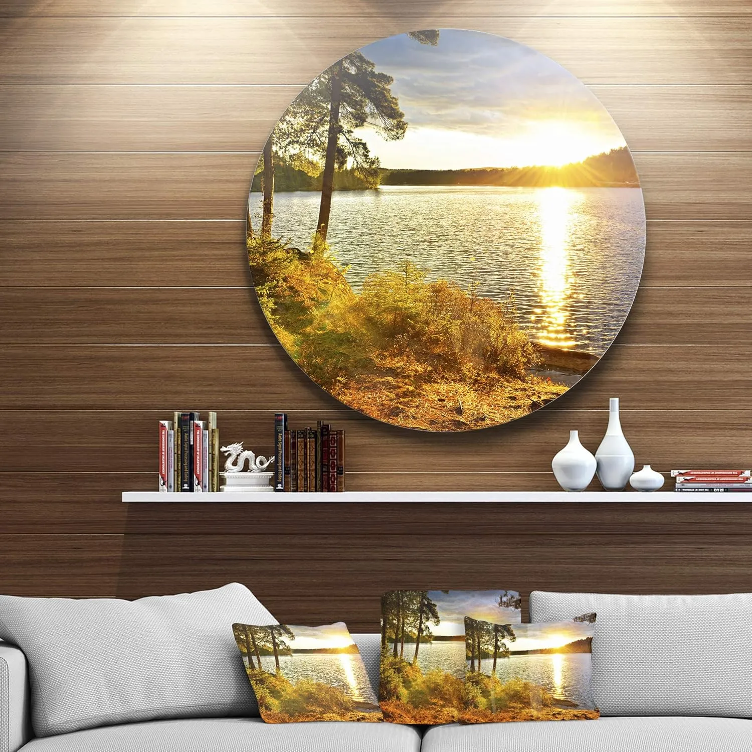 Designart MT14301-C11 Beautiful View of Sunset Over Lake Landscape Round Wall Art - Disc of 11,Green,11 X 11