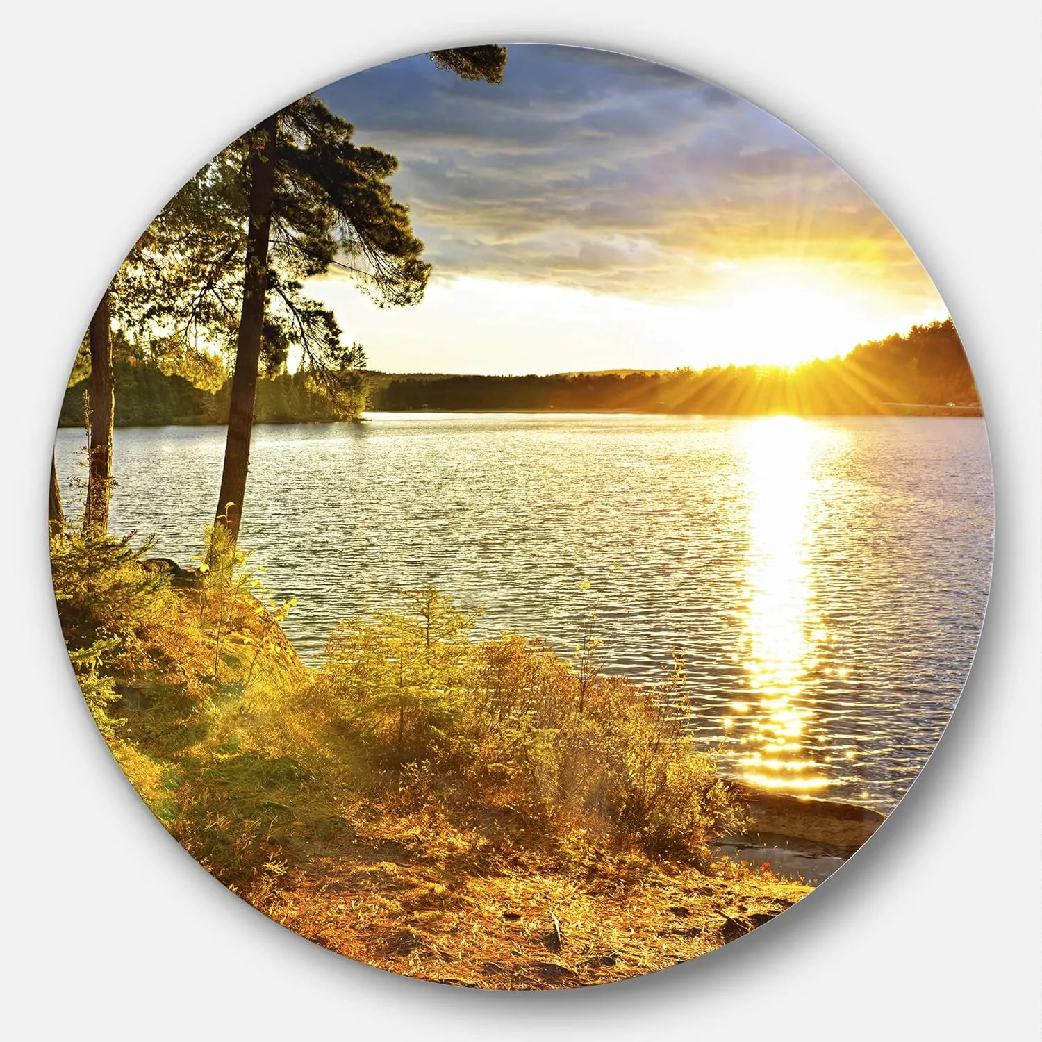Designart MT14301-C11 Beautiful View of Sunset Over Lake Landscape Round Wall Art - Disc of 11,Green,11 X 11