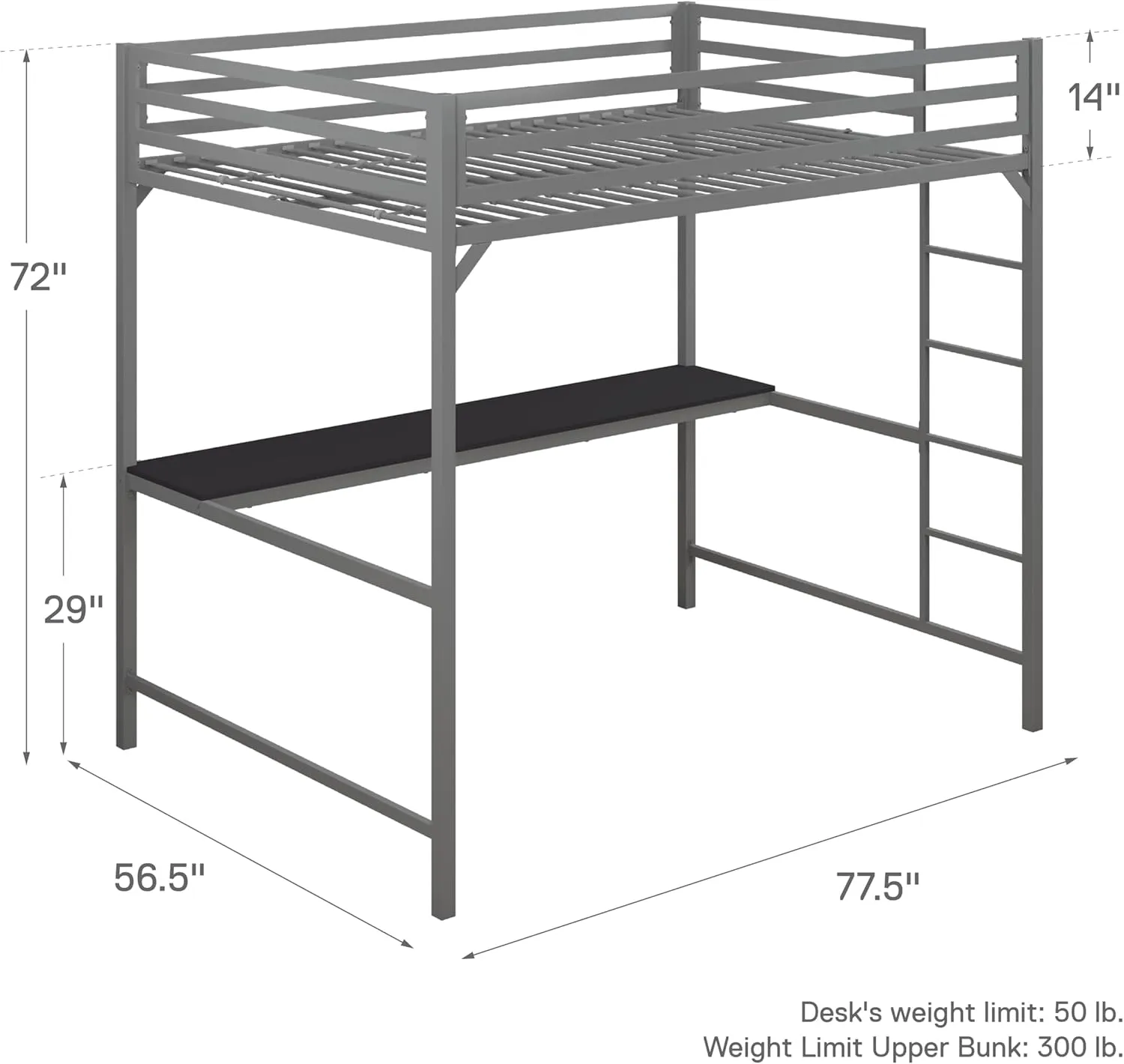 DHP 4308429 Miles Full Desk, Silver Metal Loft Bed