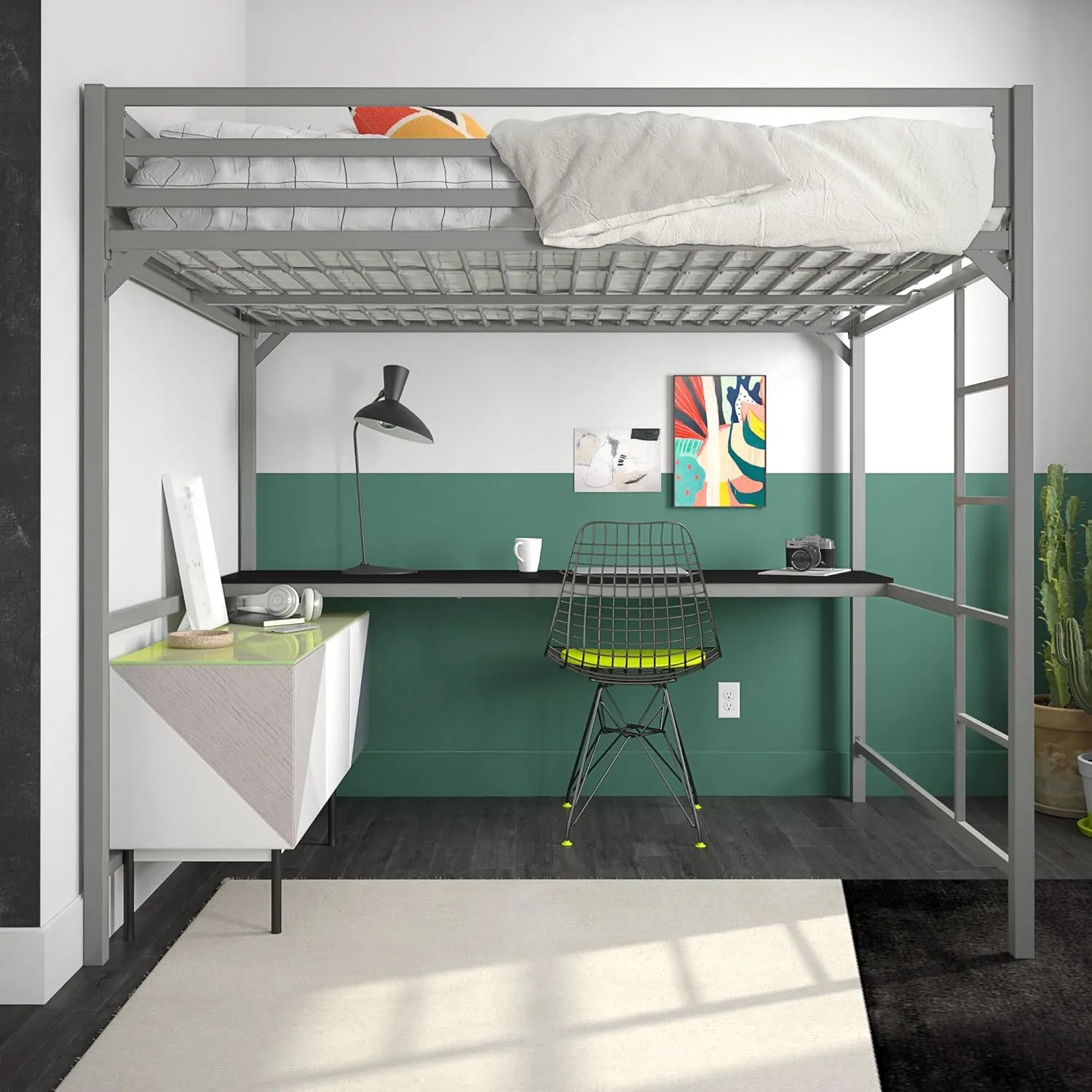 DHP 4308429 Miles Full Desk, Silver Metal Loft Bed
