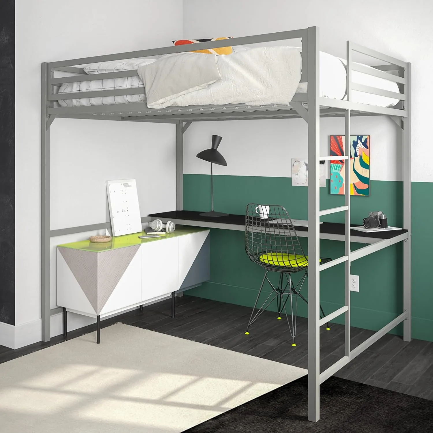 DHP 4308429 Miles Full Desk, Silver Metal Loft Bed