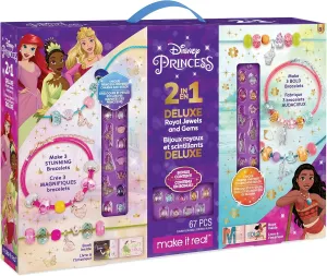 Disney Princess: 2-In-1 Deluxe Royal Jewels & Gems - Princess & Moana - Create 6 Stunning Princess Charm Bracelets, Make It Real, 67 Piece, Arielle Aurora Tiana & Moana, Tweens & Girls, Ages 8 