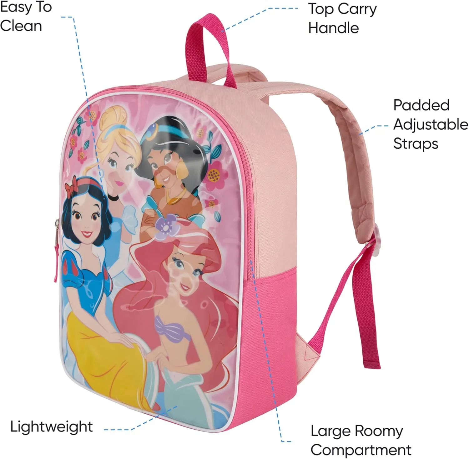 Disney Princess Backpack for Kids 15” | Cute Princess Bookbag for Girls | Padded Straps & Large Zip Compartment | Princess Back to School Supplies