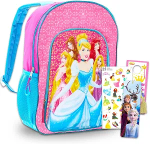 Disney Princess Backpack Set For Girls - 4 Pack Bundle With Deluxe 16" Princess School Bag, Stickers, Bookmark, Door Hanger, and More | Princess School Supplies For Kids