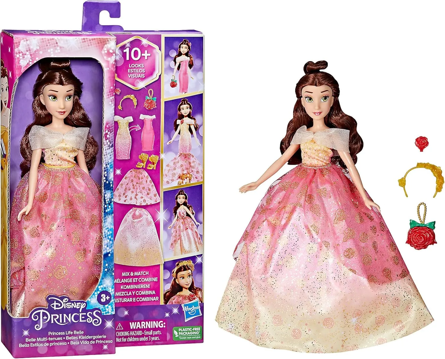 Disney Princess Life Belle Fashion Doll, 10 Outfit Combinations, Fashion Doll Clothes and Accessories, Toy for Kids 3 Years Old and Up