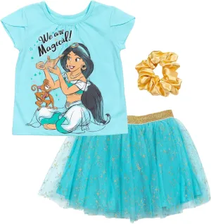 Disney Princess Moana Frozen Girls T-Shirt Tulle Mesh Skirt and Scrunchie 3 Piece Outfit Set Toddler to Big Kid