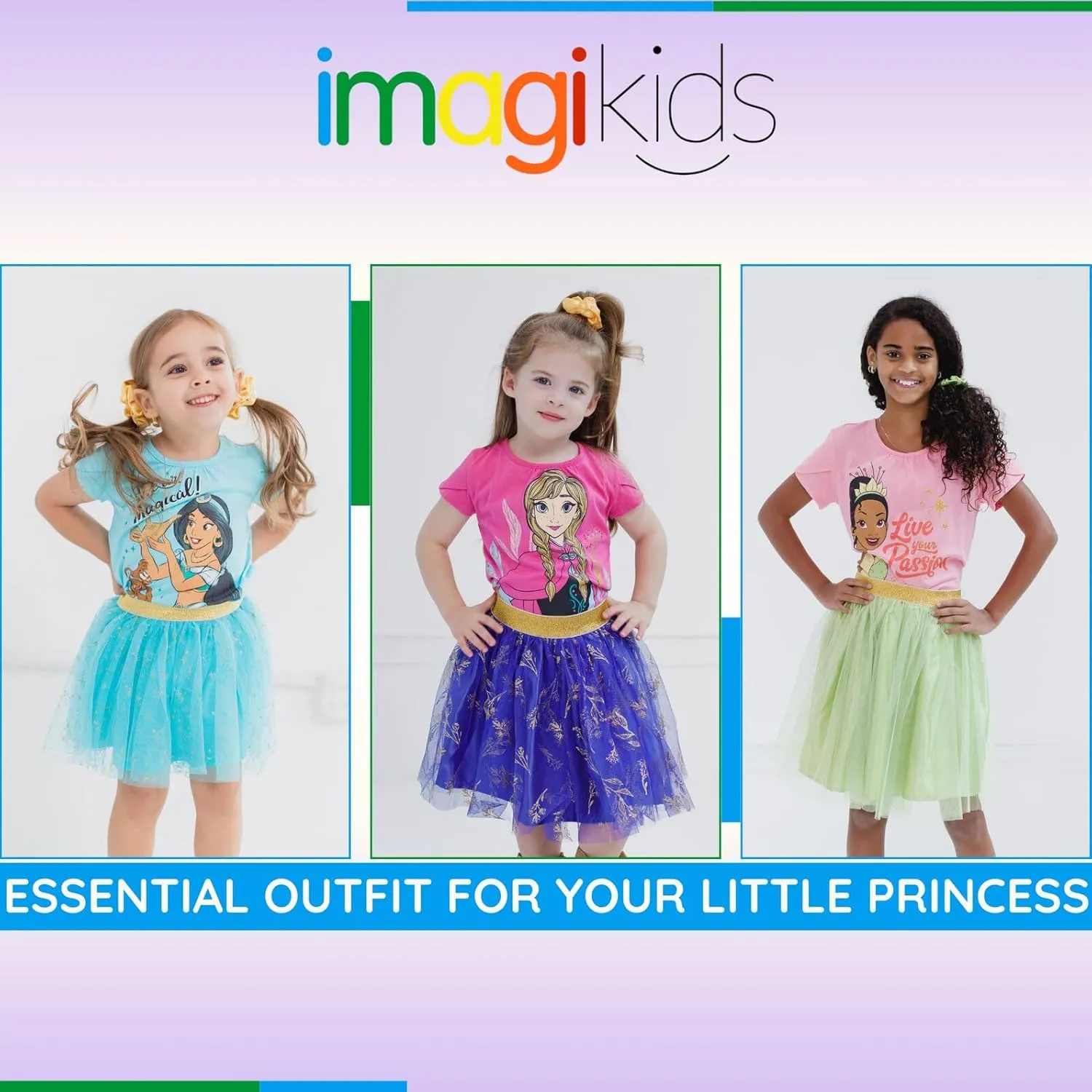 Disney Princess Moana Frozen Girls T-Shirt Tulle Mesh Skirt and Scrunchie 3 Piece Outfit Set Toddler to Big Kid