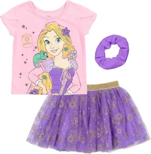 Disney Princess Moana Frozen Girls T-Shirt Tulle Mesh Skirt and Scrunchie 3 Piece Outfit Set Toddler to Big Kid