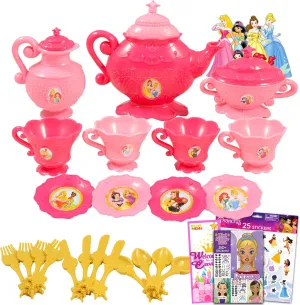 Disney Princess Playset Dinnerware - Bundle of 26 Pc Plastic Princess Pretend Tea Time Set with Disney Princess Stickers, More | Playset for Toddlers