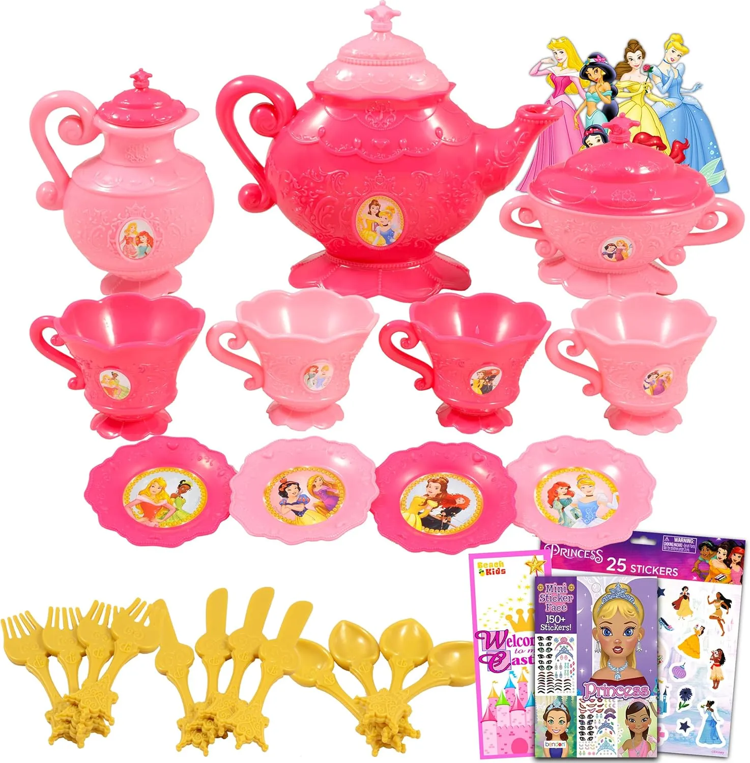 Disney Princess Playset Dinnerware - Bundle of 26 Pc Plastic Princess Pretend Tea Time Set with Disney Princess Stickers, More | Playset for Toddlers