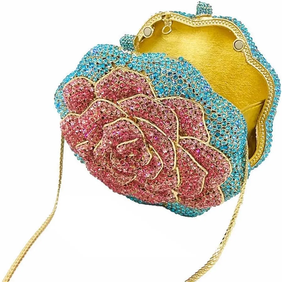 DJBM Vintage Women Floral Rhinestone Crystal Purse Rose Evening Clutch Diamond Evening Bags for Party Wedding Cocktail Prom