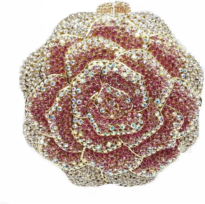 DJBM Vintage Women Floral Rhinestone Crystal Purse Rose Evening Clutch Diamond Evening Bags for Party Wedding Cocktail Prom