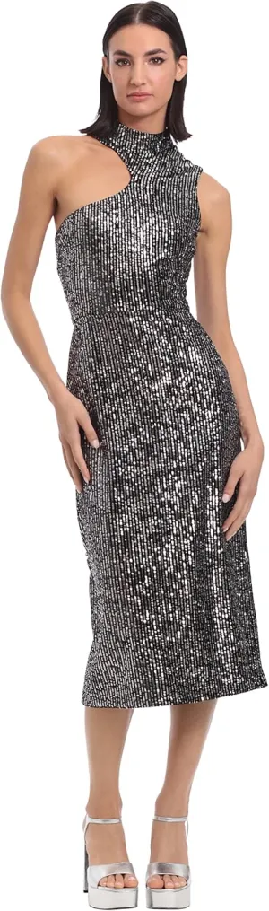 Donna Morgan Women's Asymmetric Bodice Cutout Velvet Sequin Part Cocktail Dress