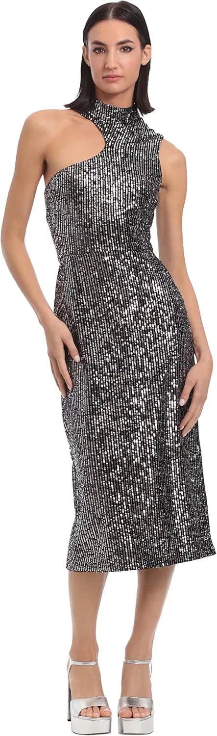 Donna Morgan Women's Asymmetric Bodice Cutout Velvet Sequin Part Cocktail Dress