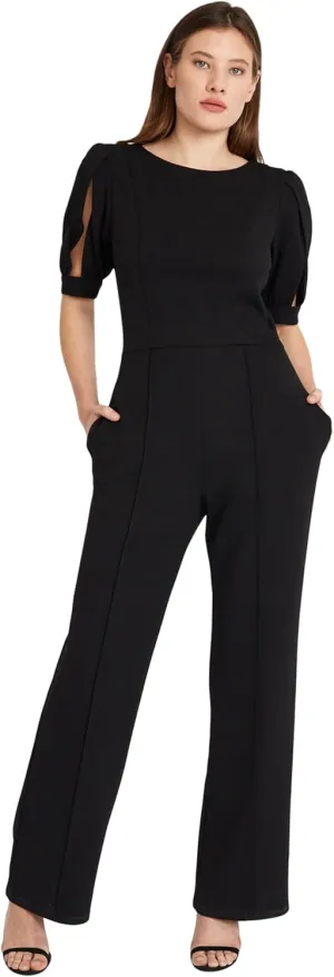Donna Morgan womens Jewel Neck Jumpsuit With Slit Detail Puff Sleeves and Pockets | Jumpsuits for Women Dressy