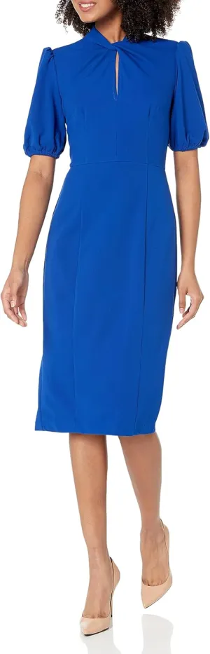 Donna Morgan Women's Short Puff Sleeve Twist Neck Sheath Dress with Keyhole