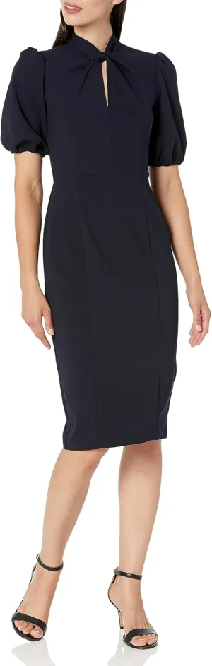 Donna Morgan Women's Short Puff Sleeve Twist Neck Sheath Dress with Keyhole