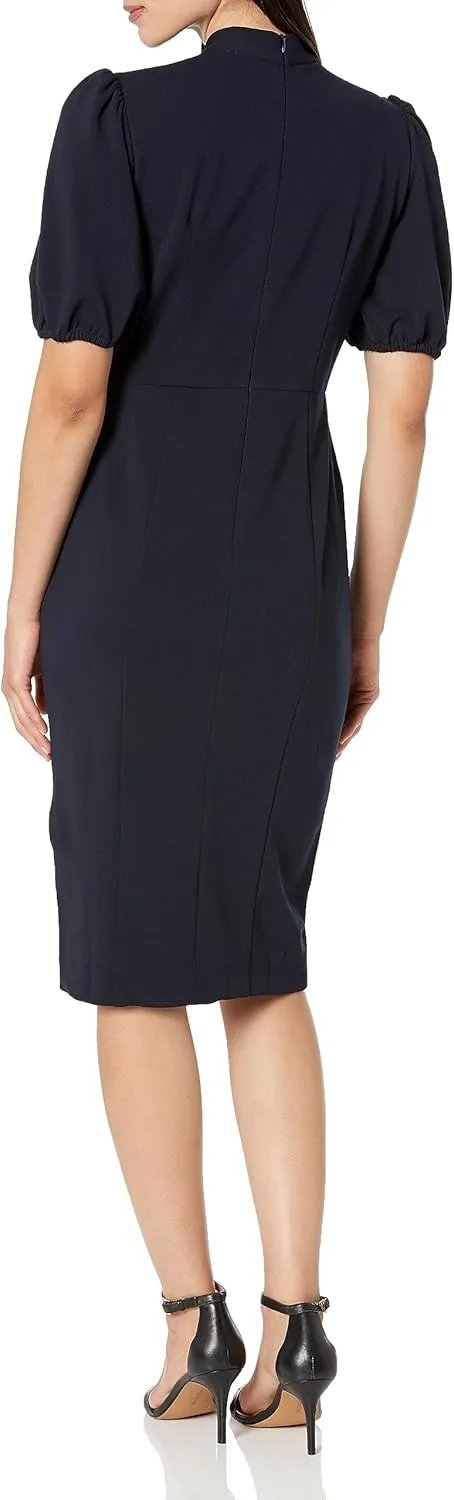 Donna Morgan Women's Short Puff Sleeve Twist Neck Sheath Dress with Keyhole