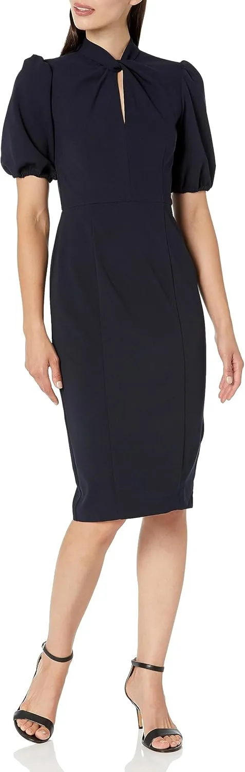 Donna Morgan Women's Short Puff Sleeve Twist Neck Sheath Dress with Keyhole