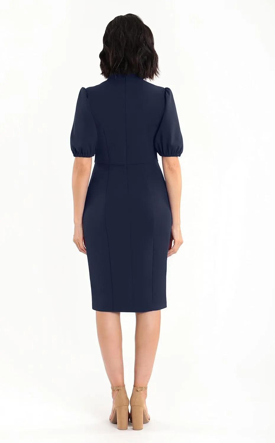 Donna Morgan Women's Short Puff Sleeve Twist Neck Sheath Dress with Keyhole