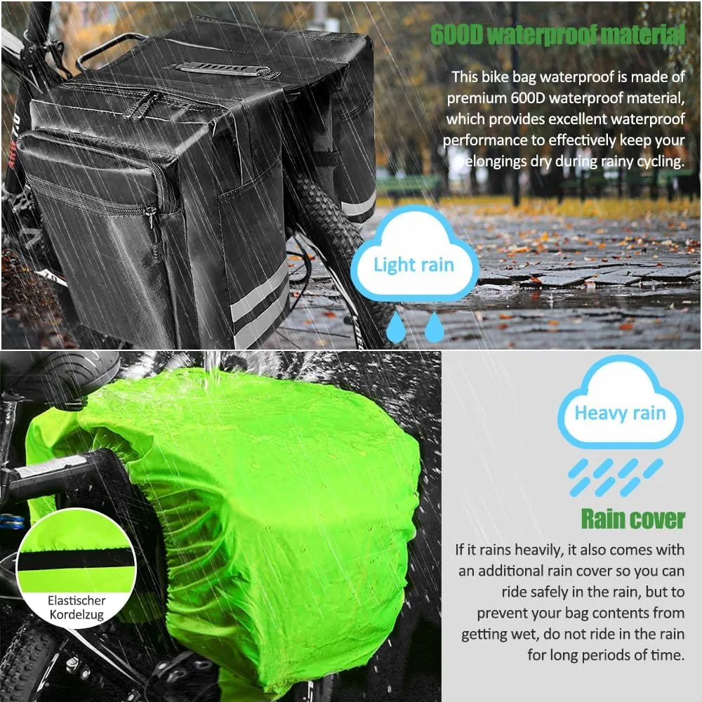 Double Bike Pannier Bag, 30L Waterproof Bicycle Trunk Bag with Rain Cover, Bike Panniers Rear Rack Bag with Reflective Stripe, Multi Pockets Saddle Bags for Bicycle (Black)