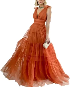 Double V-Neck Tulle Prom Dress for Women Long Spaghetti Straps Backless Formal Evening Party Gowns