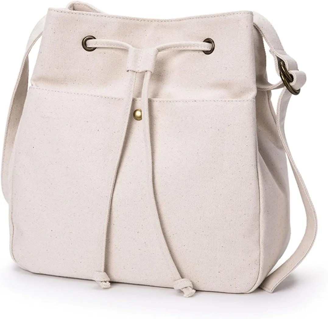 Drawstring Bucket Bag for Women with Adjustable Straps Canvas Material Multi pocket Crossbody Handbag Simple and Classic and Versatile (Beige)